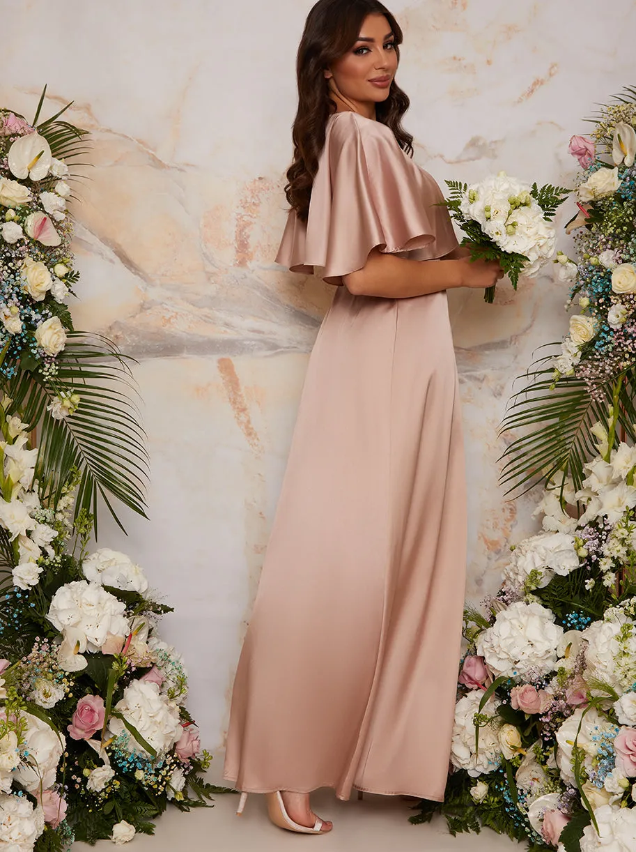 Angel Sleeve Wrap Design Bridesmaid Maxi Dress in Champagne sold by Chi Chi London product image thumbnail 3