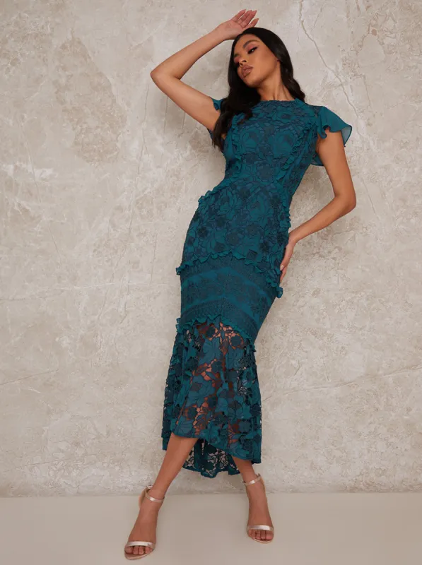 Bodycon Lace Midi Dress in Green sold by Chi Chi London