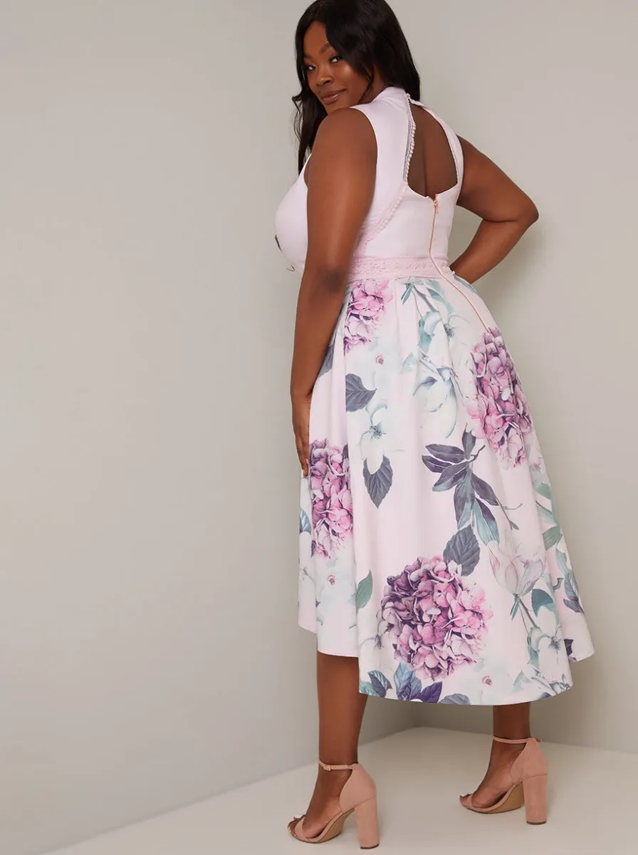 Plus Size Contrast Floral Dip Hem Midi Dress In Pink sold by Chi Chi London product image thumbnail 4