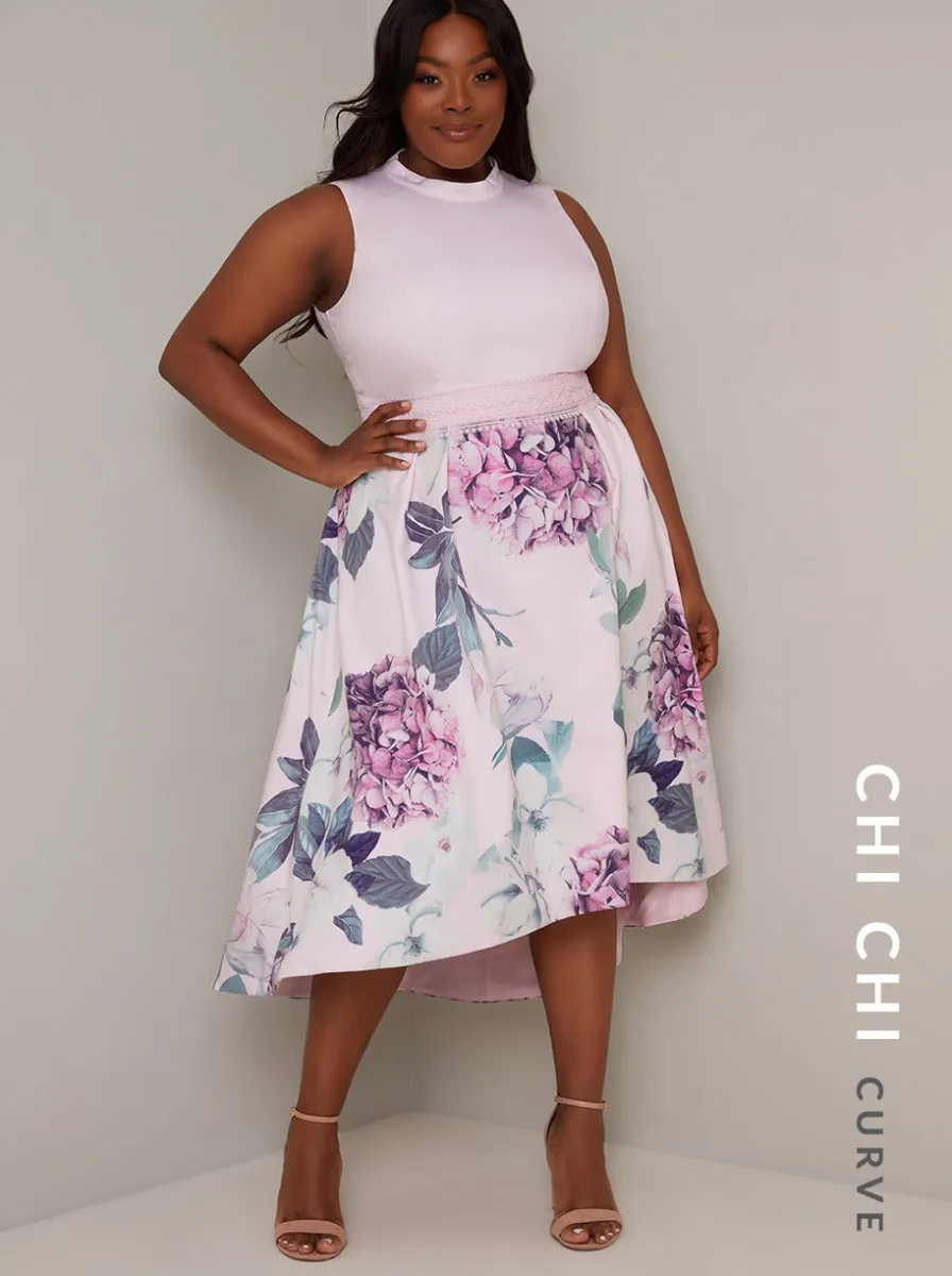 Plus Size Contrast Floral Dip Hem Midi Dress In Pink sold by Chi Chi London