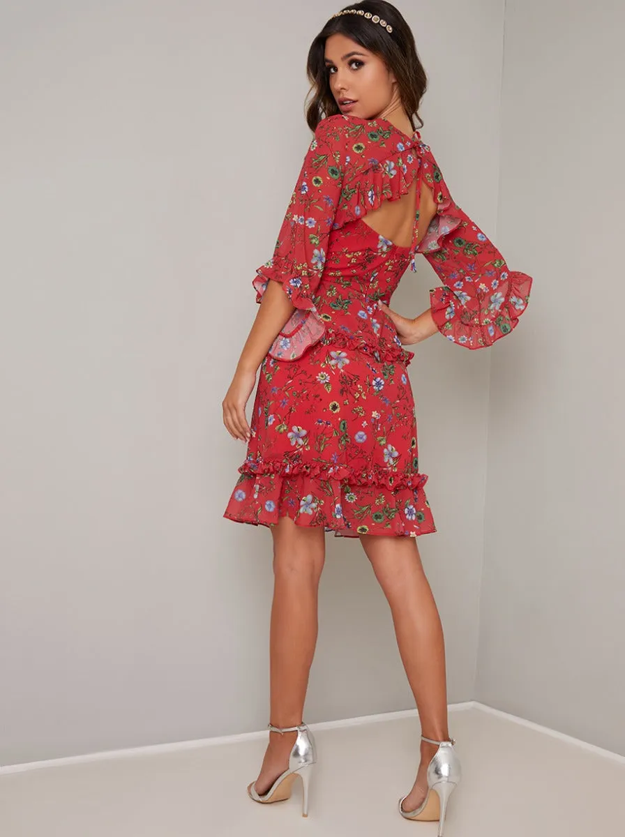 Printed Fluted Sleeved Midi Dress in Red sold by Chi Chi London product image thumbnail 2
