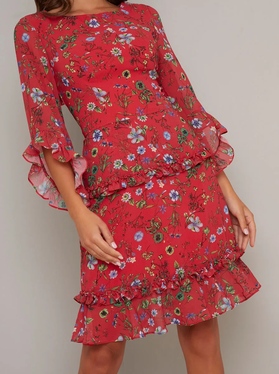 Printed Fluted Sleeved Midi Dress in Red sold by Chi Chi London product image thumbnail 3