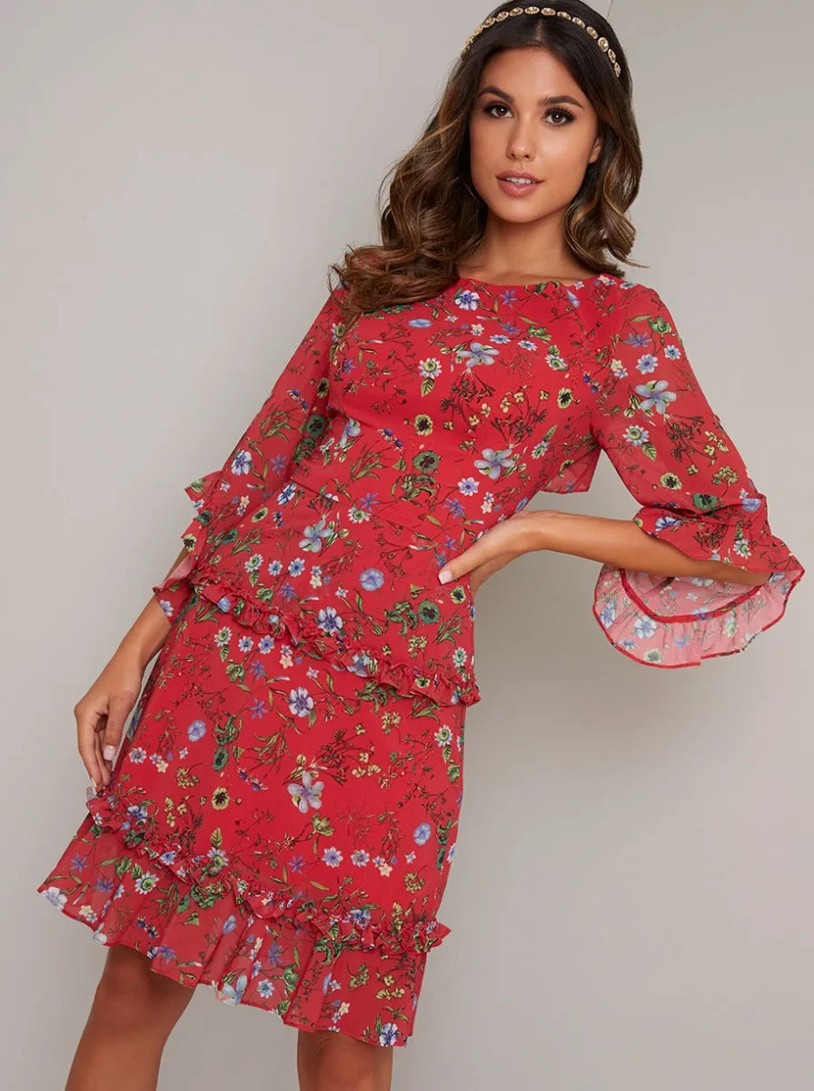 Printed Fluted Sleeved Midi Dress in Red sold by Chi Chi London