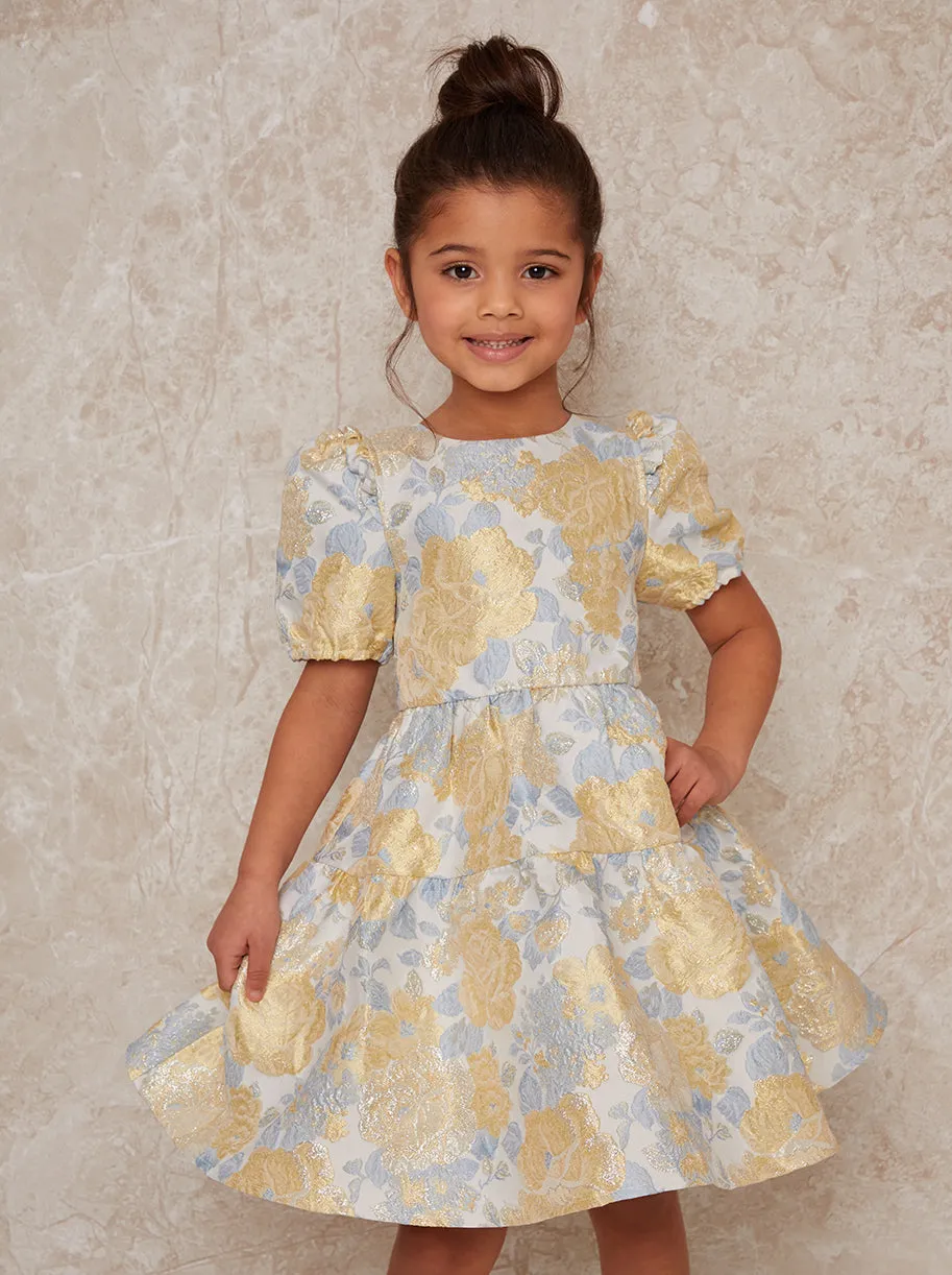 Girls Short Sleeve Floral Jacquard Midi Dress in Multi sold by Chi Chi London