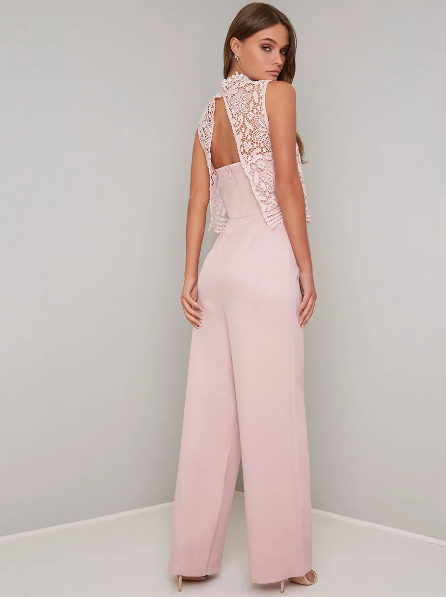 High Neck Lace Overlay Wide Leg Jumpsuit in Pink sold by Chi Chi London product image thumbnail 3