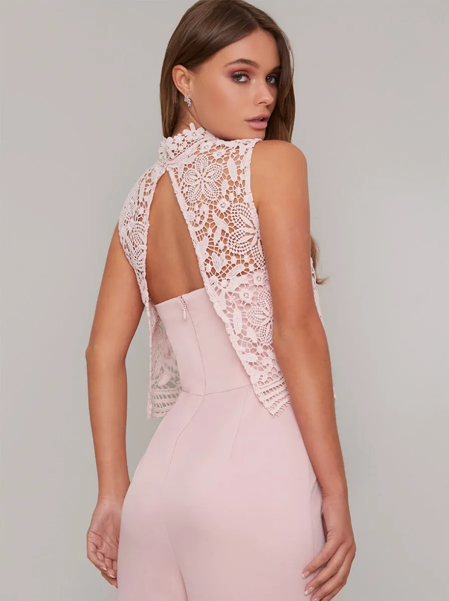 High Neck Lace Overlay Wide Leg Jumpsuit in Pink sold by Chi Chi London product image thumbnail 4