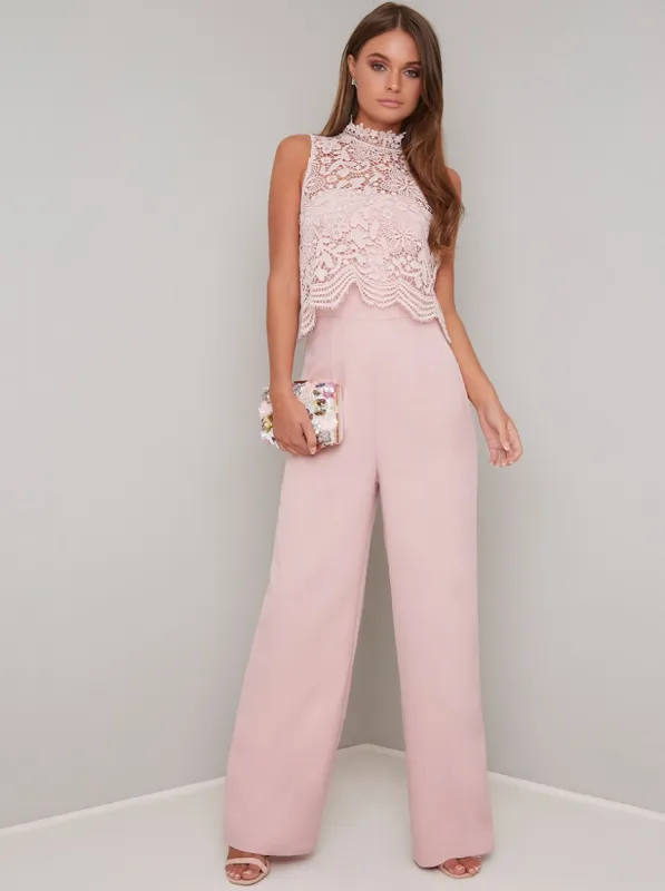 High Neck Lace Overlay Wide Leg Jumpsuit in Pink sold by Chi Chi London