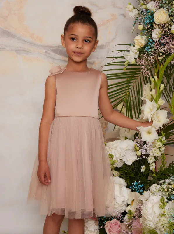 Girls 3D Floral Tulle Skirt Flower Girl Dress in Champagne sold by Chi Chi London