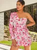 One Shoulder Long Sleeve Floral Playsuit in Pink sold by Chi Chi London