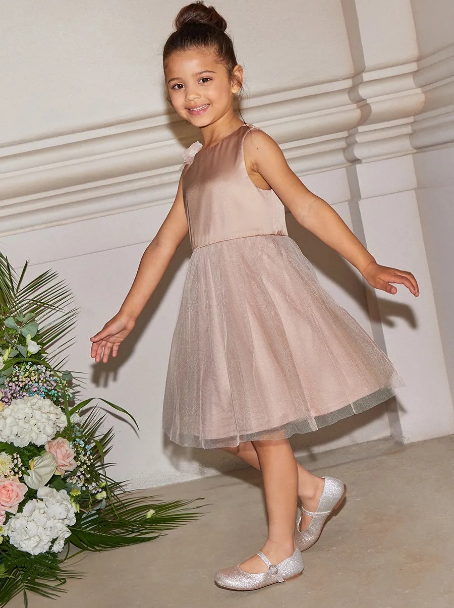 Girls 3D Floral Tulle Skirt Flower Girl Dress in Champagne sold by Chi Chi London product image thumbnail 5