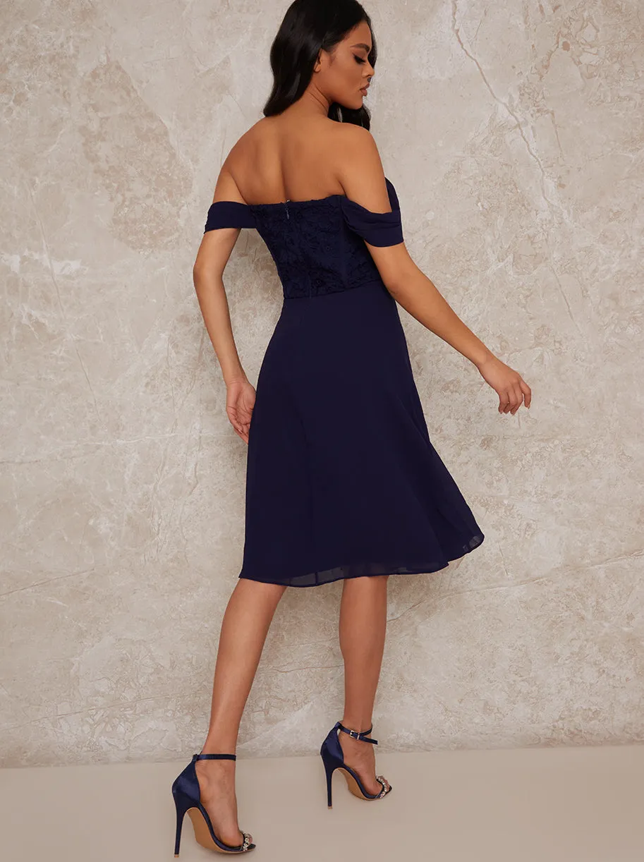 Premium Lace Bodice Bardot Midi Dress in Navy sold by Chi Chi London product image thumbnail 4