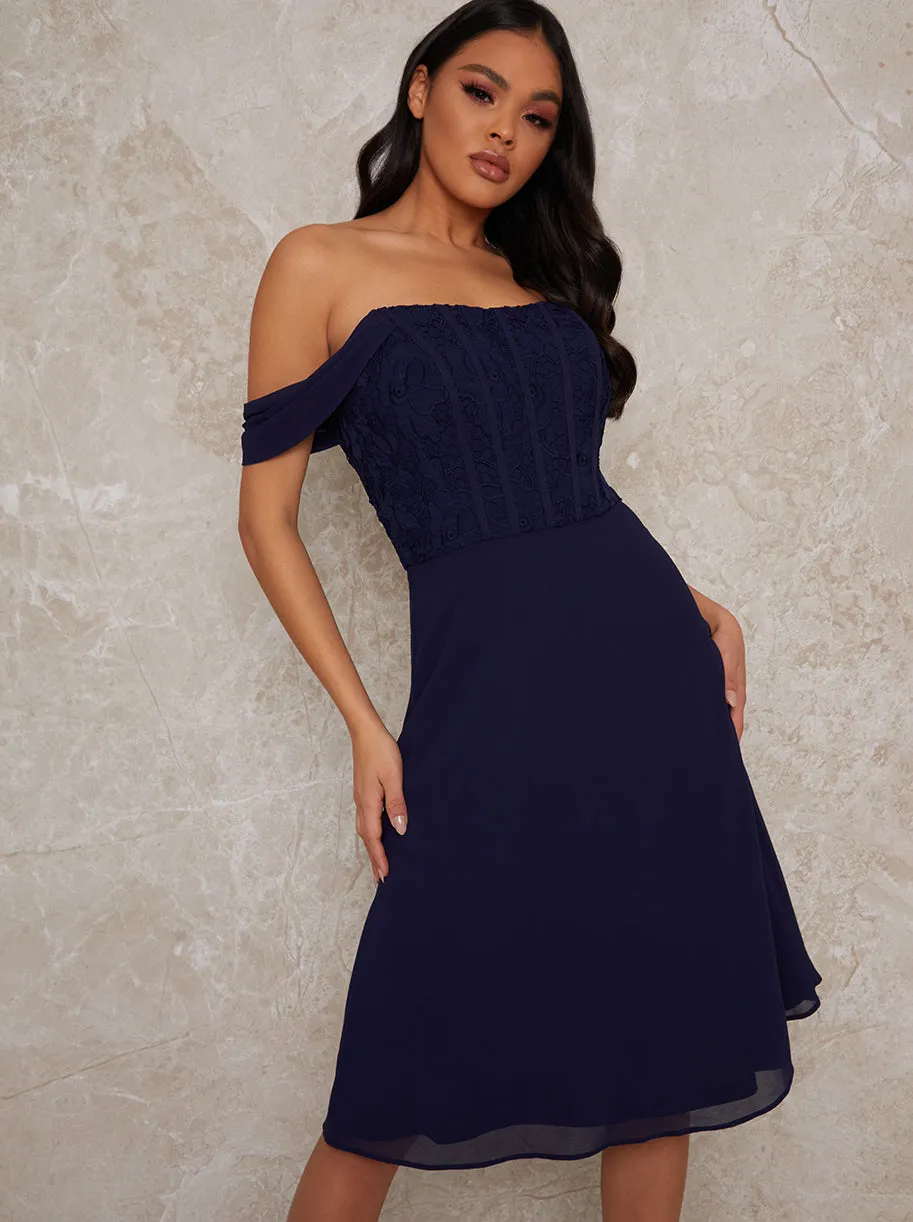 Premium Lace Bodice Bardot Midi Dress in Navy sold by Chi Chi London