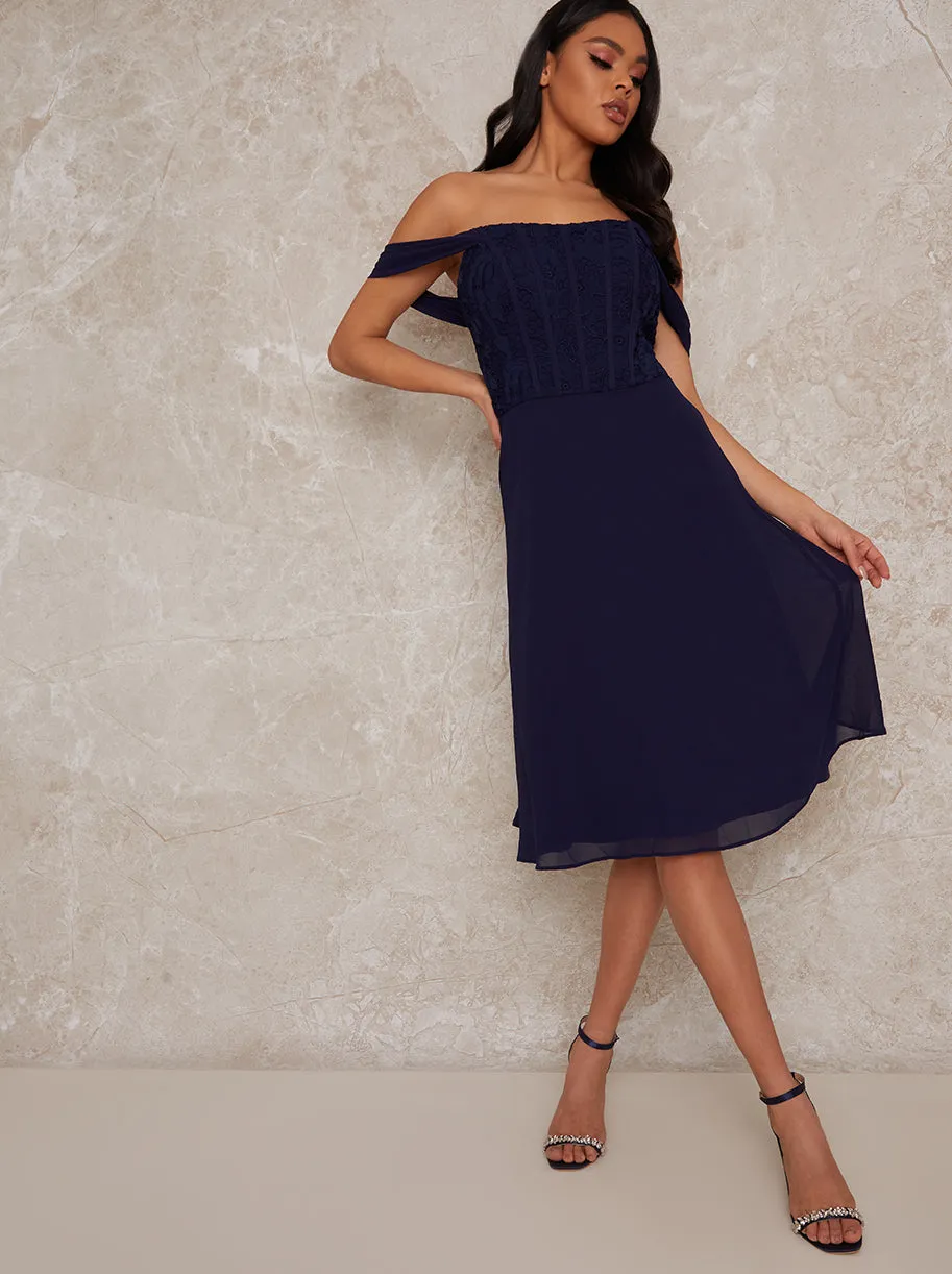 Premium Lace Bodice Bardot Midi Dress in Navy sold by Chi Chi London product image thumbnail 2