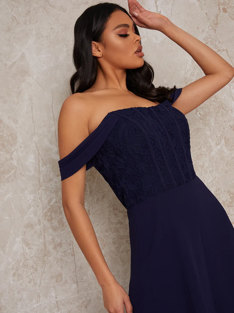 Premium Lace Bodice Bardot Midi Dress in Navy sold by Chi Chi London product image thumbnail 3