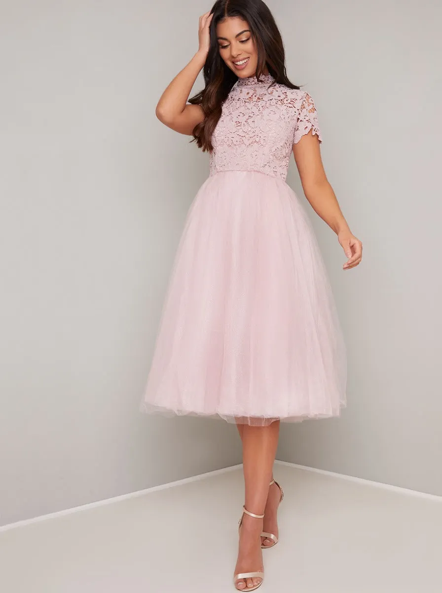 High Neck Crochet Tulle Midi Dress in Pink sold by Chi Chi London