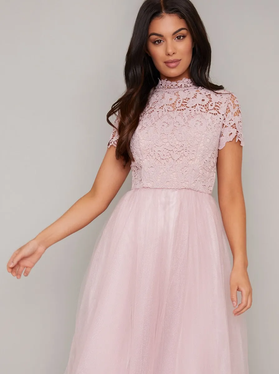 High Neck Crochet Tulle Midi Dress in Pink sold by Chi Chi London product image thumbnail 2