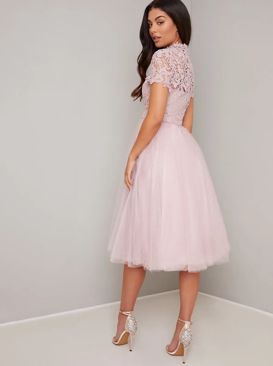 High Neck Crochet Tulle Midi Dress in Pink sold by Chi Chi London product image thumbnail 3