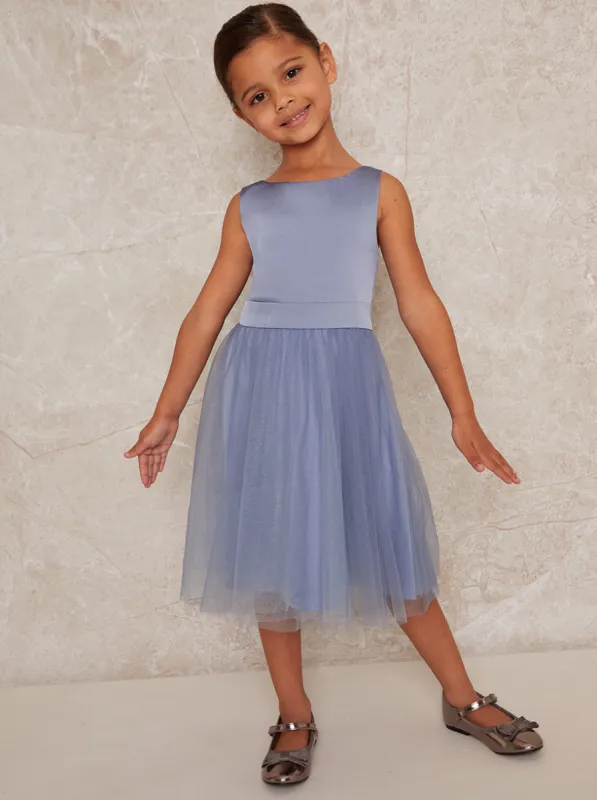Younger Girls Satin Bodice Tulle Midi Dress In Blue sold by Chi Chi London