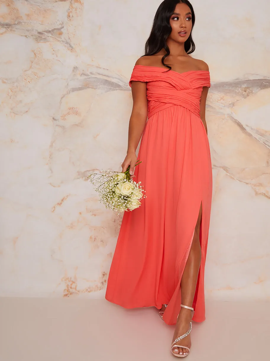 Petite Bardot Ruched Dress in Orange sold by Chi Chi London