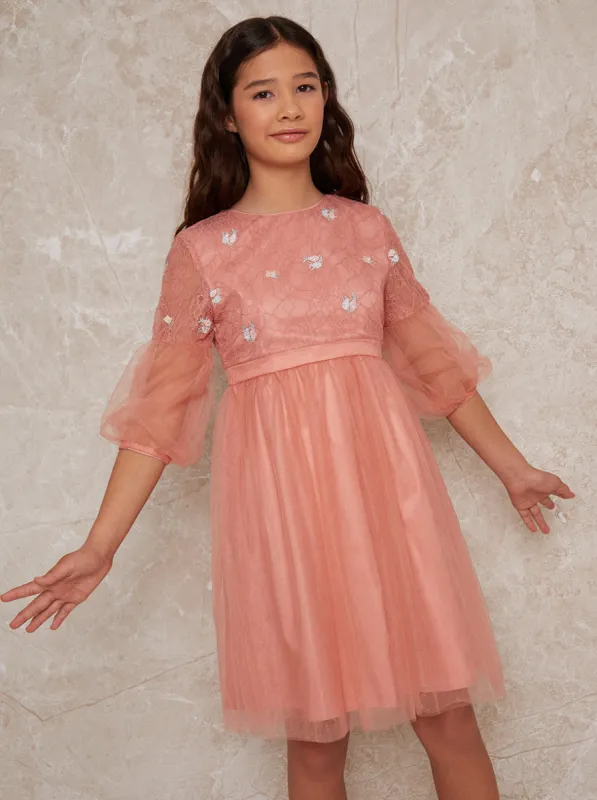 Girls Lace Embroidered A-Line Party Dress in Pink sold by Chi Chi London