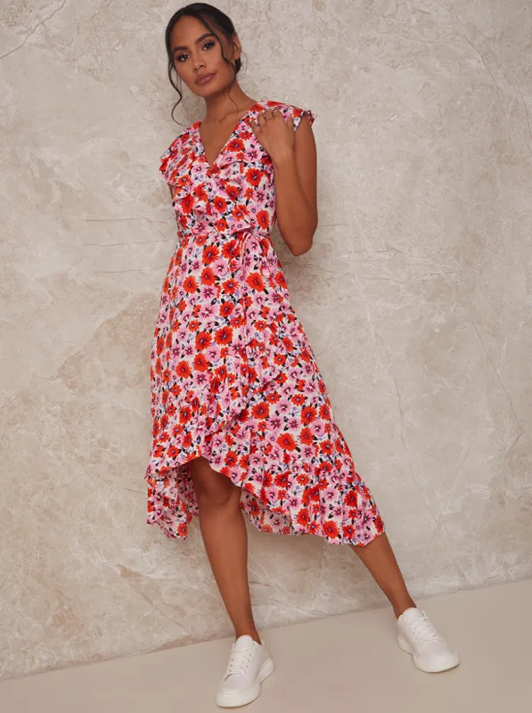 Wrap Floral Midi Dress in Pink sold by Chi Chi London