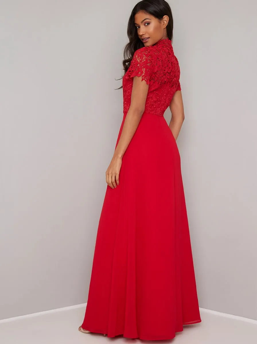 Crochet Bodice High Neck Maxi Dress in Red sold by Chi Chi London product image thumbnail 3