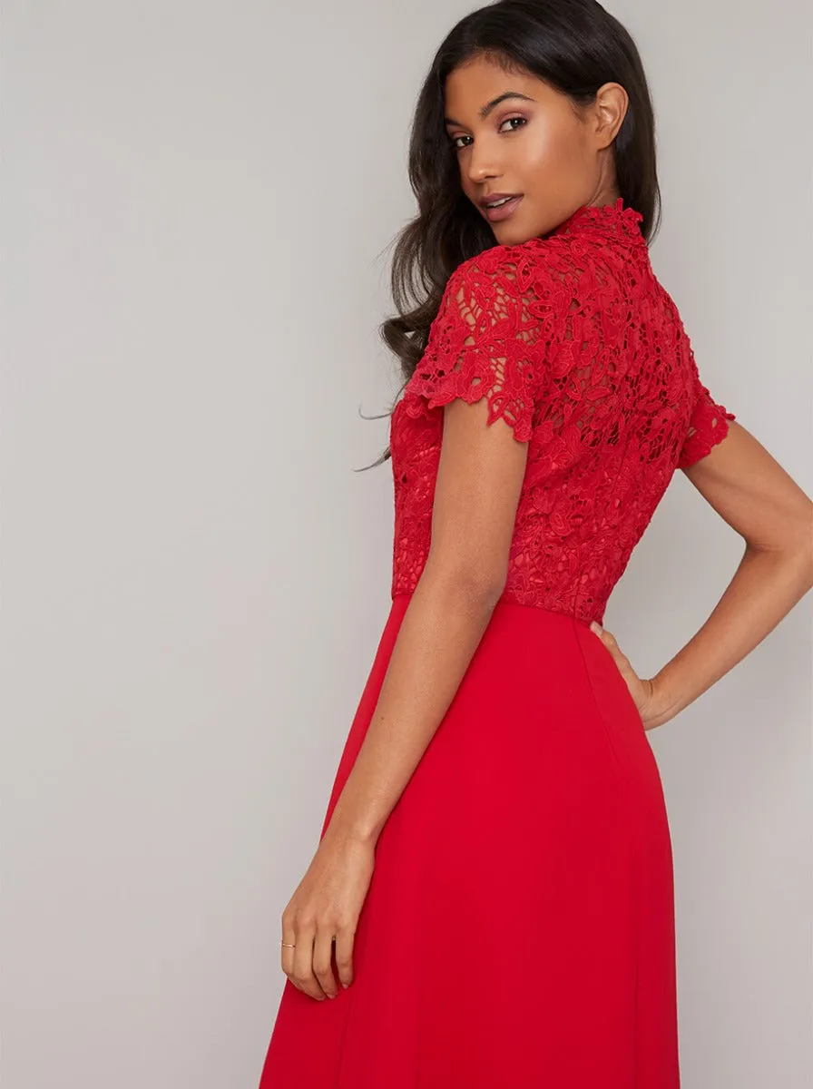 Crochet Bodice High Neck Maxi Dress in Red sold by Chi Chi London product image thumbnail 4
