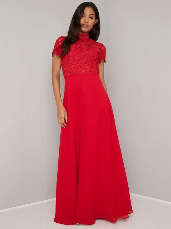 Crochet Bodice High Neck Maxi Dress in Red sold by Chi Chi London