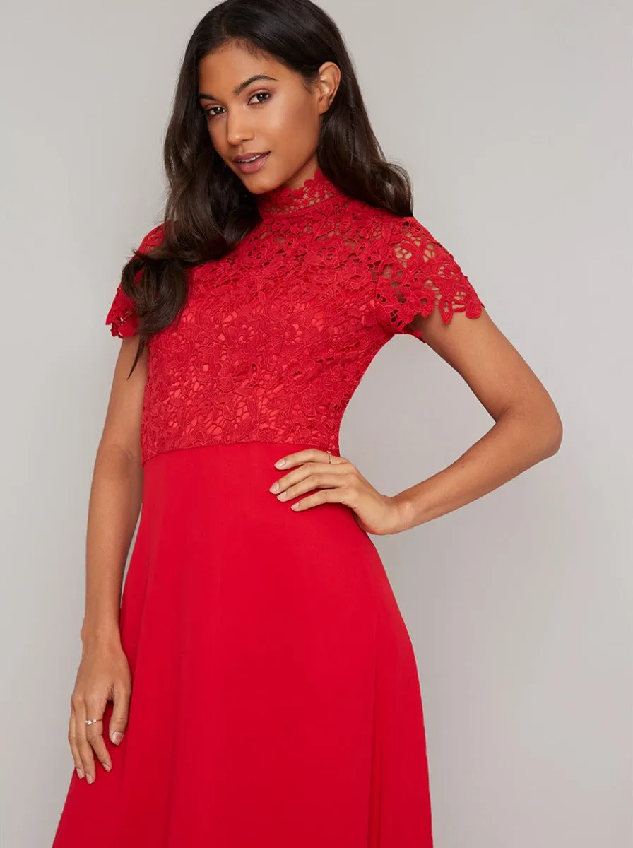 Crochet Bodice High Neck Maxi Dress in Red sold by Chi Chi London product image thumbnail 2