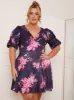 Plus Size Short Sleeve Floral Print Mini Dress in Navy sold by Chi Chi London
