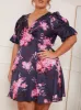 Plus Size Short Sleeve Floral Print Mini Dress in Navy sold by Chi Chi London