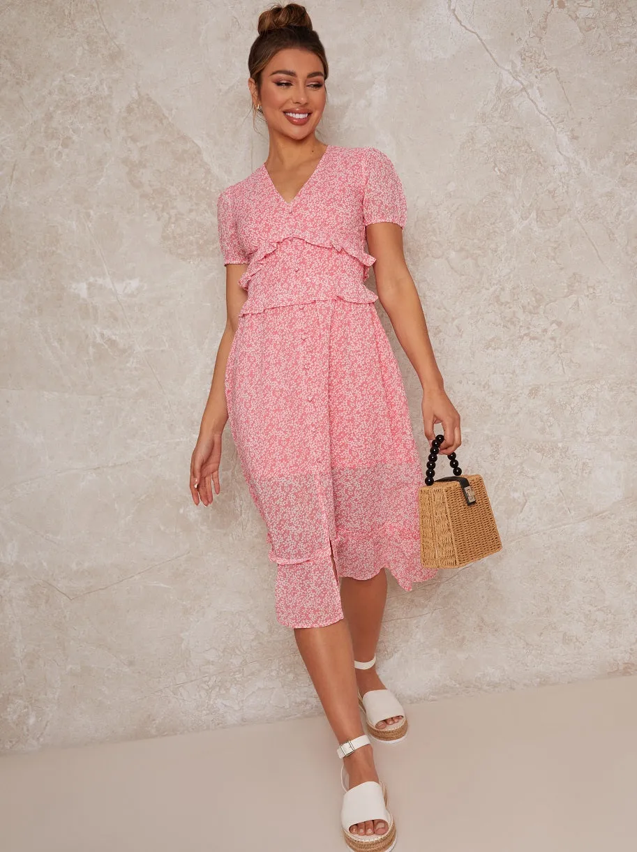 V Neck Floral Print Midi Day Dress in Pink sold by Chi Chi London