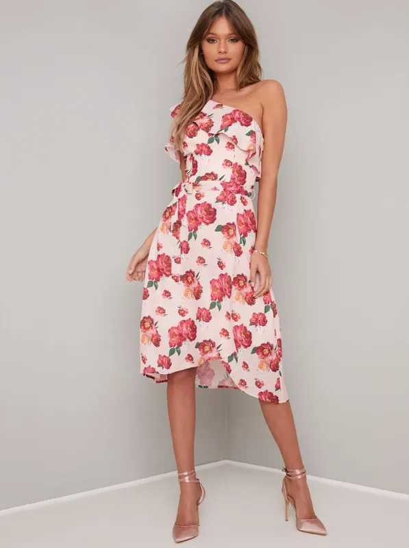 Floral Print Wrap Design Midi Dress in Nude sold by Chi Chi London