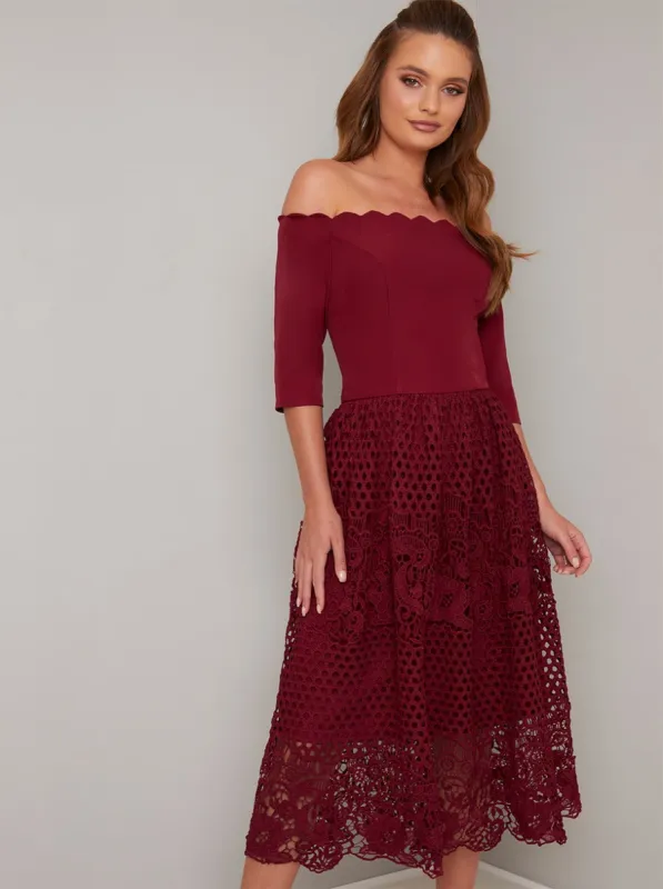 Tall 3/4 Sleeved Lace Crochet Midi Dress in Red sold by Chi Chi London