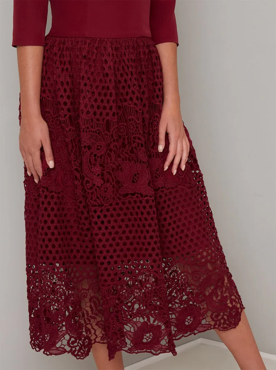 Tall 3/4 Sleeved Lace Crochet Midi Dress in Red sold by Chi Chi London product image thumbnail 3