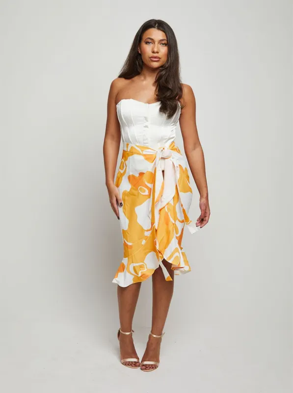 Ruffle Printed Wrap Midi Skirt in Yellow sold by Chi Chi London