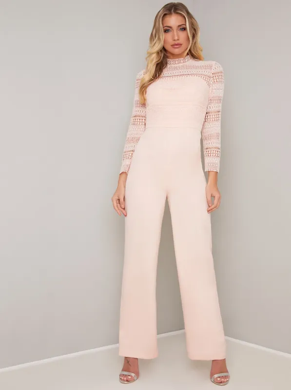 Crochet Bodice Long Sleeved Flared Jumpsuit in Pink sold by Chi Chi London