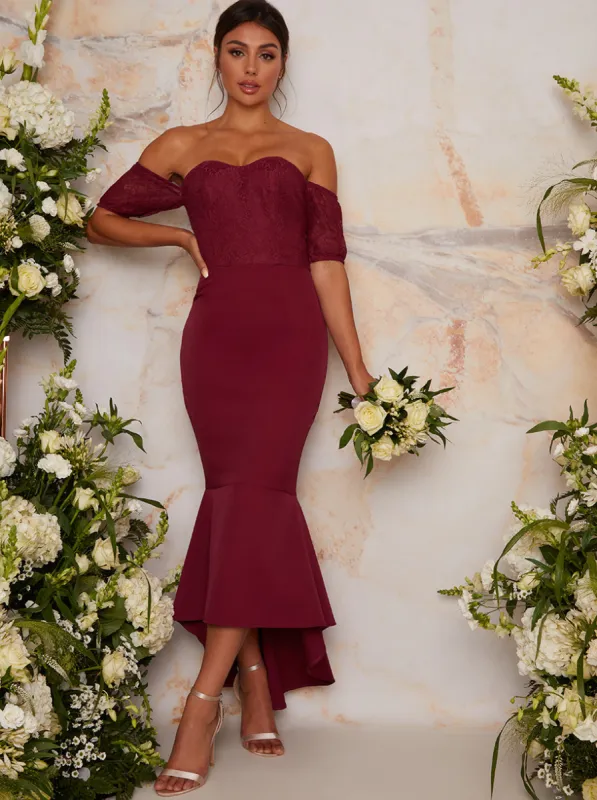 Bardot Lace Bodycon Peplum Dress in Berry sold by Chi Chi London