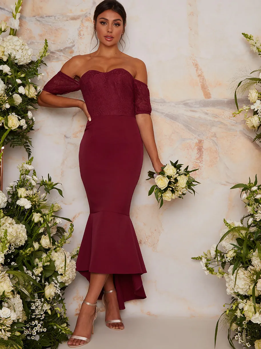 Bardot Lace Bodycon Peplum Dress in Berry sold by Chi Chi London