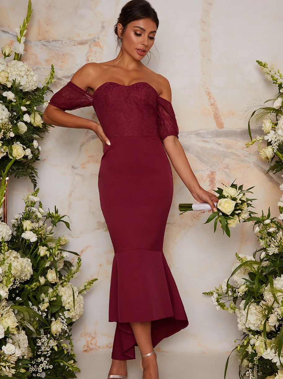 Bardot Lace Bodycon Peplum Dress in Berry sold by Chi Chi London product image thumbnail 2