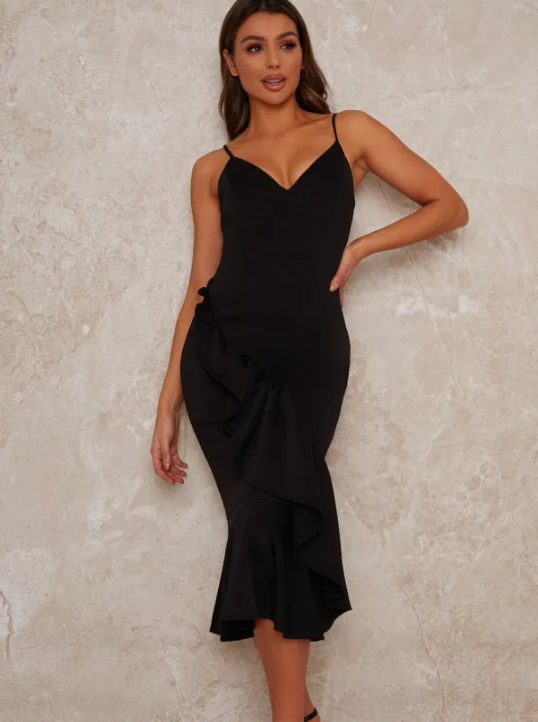 Midi Bodycon Dress with Side Ruffle in Black sold by Chi Chi London