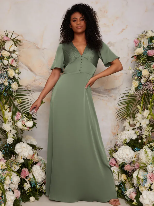 Flutter Sleeve V Neck Satin Maxi Dress in Green sold by Chi Chi London