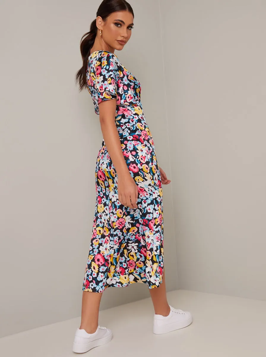 Angel Sleeve Print Midi Dress in Black sold by Chi Chi London
