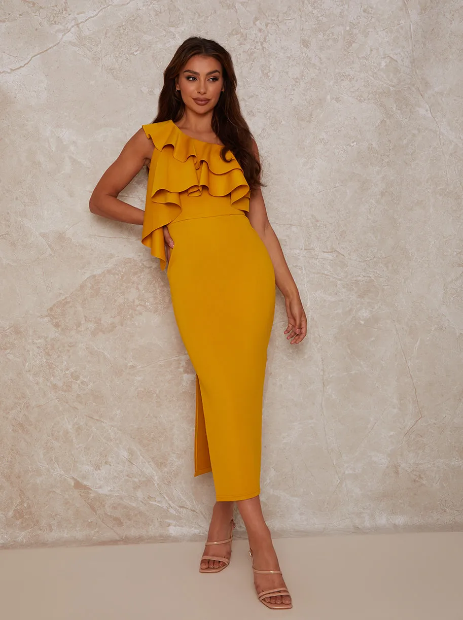 One Shoulder Ruffle Detail Bodycon Dress in Yellow sold by Chi Chi London product image thumbnail 3
