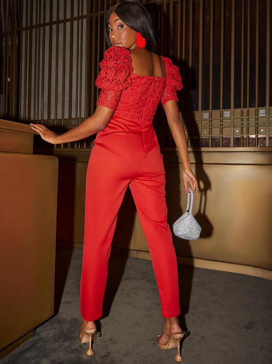 Puff Sleeve Premium Lace Jumpsuit in Red sold by Chi Chi London product image thumbnail 4