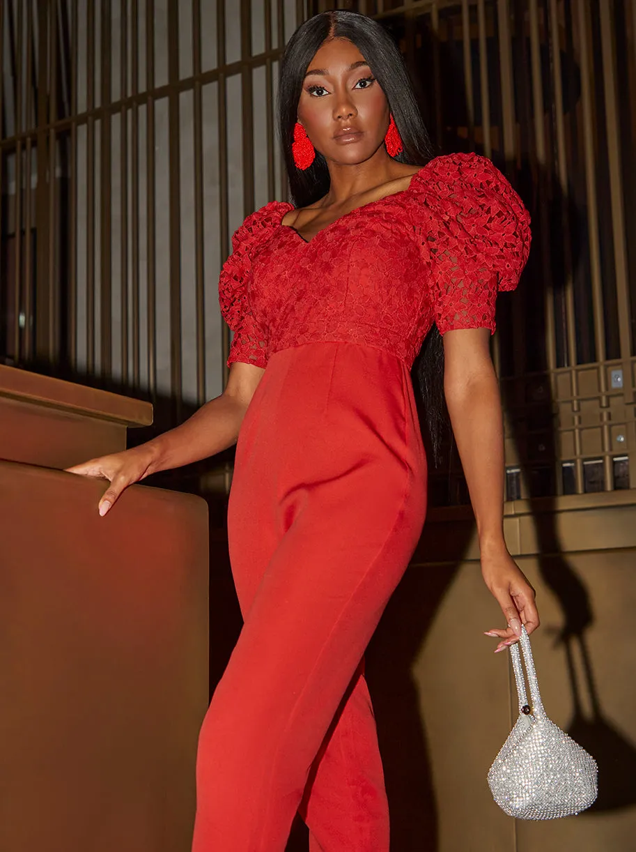 Puff Sleeve Premium Lace Jumpsuit in Red sold by Chi Chi London product image thumbnail 2