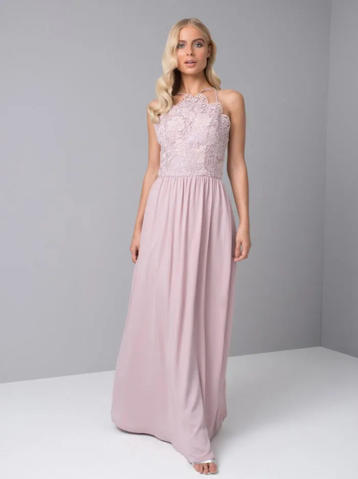 Halter Style Lace Bodice Maxi Dress in Pink sold by Chi Chi London