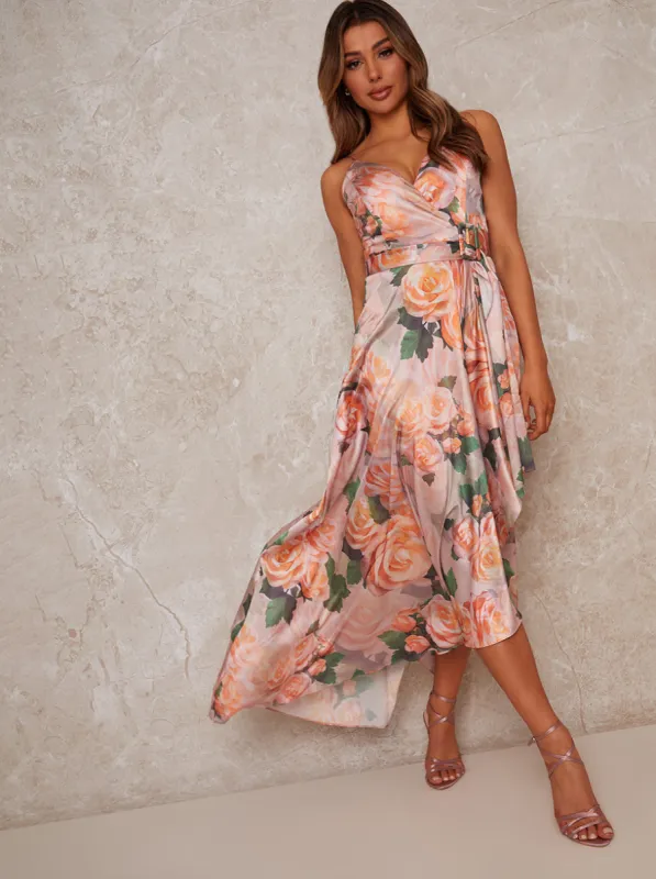 Wrap Floral Print Dip Hem Dress in Pink sold by Chi Chi London