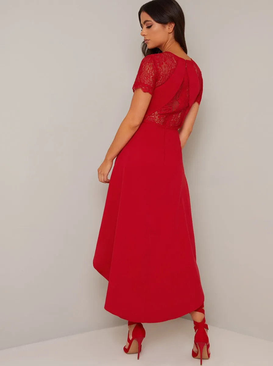 Petite Lace Bodice Sweetheart Dip Hem Midi Dress in Red sold by Chi Chi London product image thumbnail 4