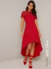 Petite Lace Bodice Sweetheart Dip Hem Midi Dress in Red sold by Chi Chi London